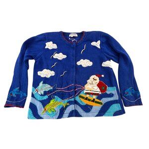 Jack B. Quick Vintage Surfing Santa Sweater Dolphins L Blue Holiday Christmas